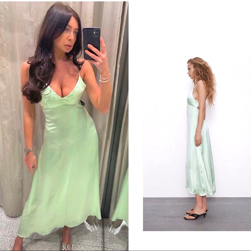 💚HP🎉NWT Zara Light Green Satin Cutout Slip Dress - Picture 5 of 11